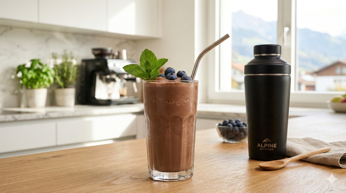 Cremiger Proteinshake mit frischen Beeren und einem Shaker auf einem hellen Tisch